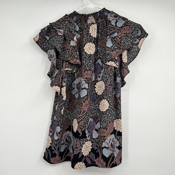 DR2 Womens S Mock Neck Dark Floral Flutter Sleeve Blouse Boho Hippie Festival - Picture 8 of 12